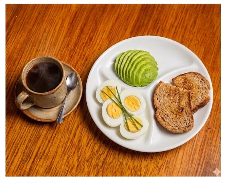Combo desayuno: 3 huevos al gusto+porción de palta+ pan integral+bebida caliente