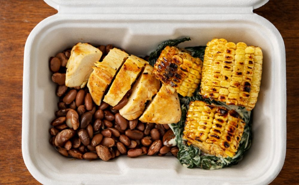 Pollo a la plancha con frijoles, elote asado y espinaca en el empaque de Manzana Verde