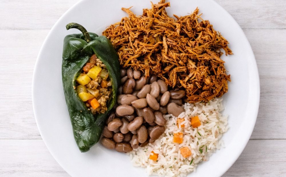 Tinga de pollo con chile relleno, frijoles y arroz en plato blanco