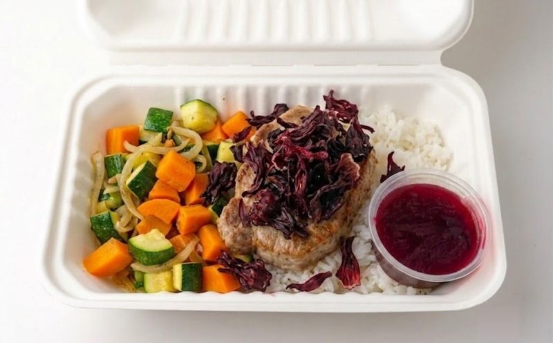 Carne con flor de jamaica, arroz y verduras salteadas en el envase del menú diario de Manzana Verde